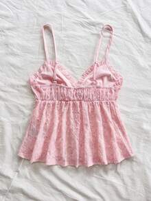 Soleia Women's Vacation Romantic Pink Lace Texture Ruffle Strap Camisole, Casual For Date, Afternoon Tea, Wedding Season, Beach, Cruise, City Trip, Party, Boho Vacation Pink Babydoll Top Pink Top Pink Lace Top Cute Tops Pink Top Pink Summer Top Summer Cute Tops