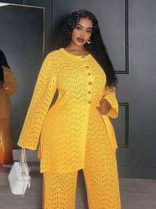 Veslaya Amarillo Mostaza,Otoño,Casual Elegante,Conjunto de 2 Piezas de Punto para Mujer Talla Grande,Conjunto de Cárdigan de Crochet de Manga Larga y Pantalones,Atuendo de Estilo Callejero Occidental - Amarillo - Ver 10