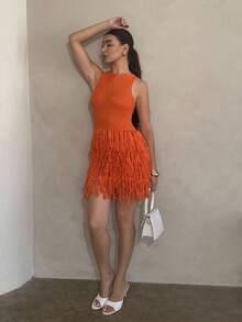 Andrea Bello Women's Summer Fashion Solid Color Tassel Hem Knit Dress - Orange - View 6