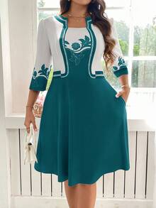 SHEIN Clasi Plus Size Women Floral Print 2 In 1 3/4 Sleeve Elegant Dress