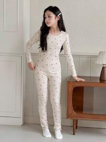 DAZY Tween Girl Butterfly Print Long Sleeve Top And Pants Pajama Set - Apricot - View 4