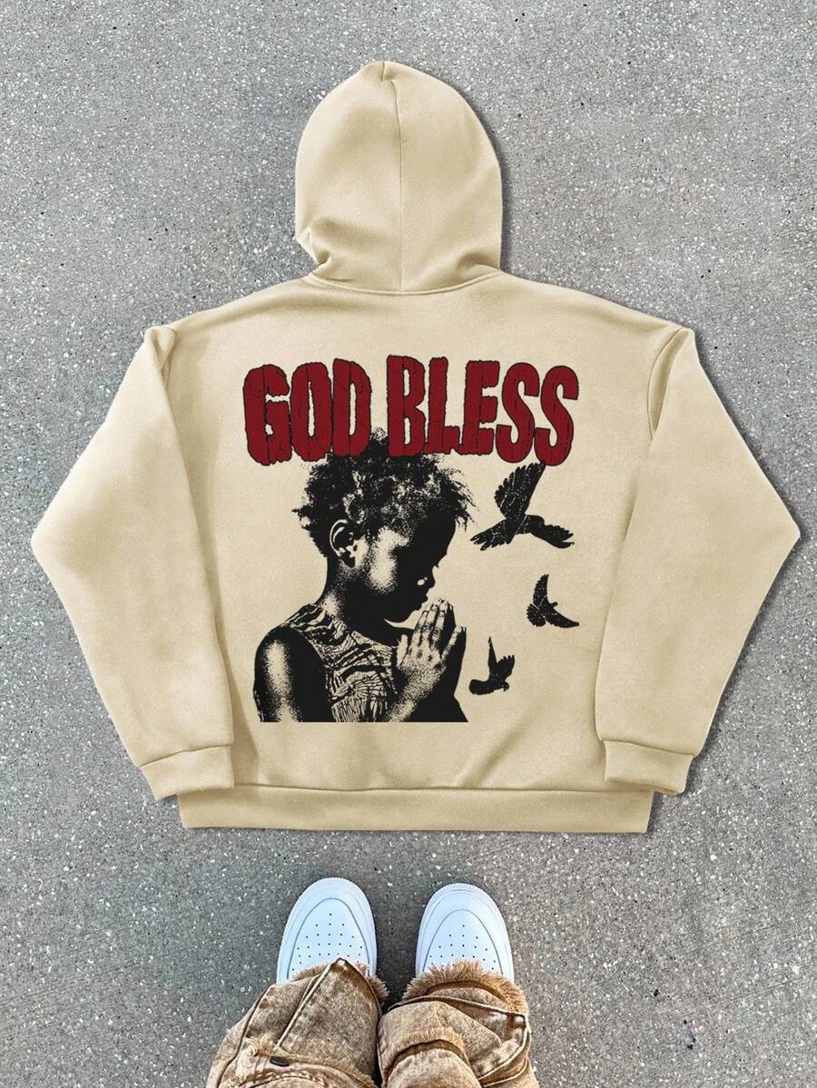 PAVTROS Manfinity Streetrush Men's Autumn Letter & Figure Print Zip-Up Drawstring Hoodie Sweatshirt - Khaki - View 1