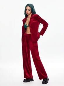 ROMWE Conjunto de traje de mujer de terciopelo burdeos (top de manga larga y pantalones sueltos, conjunto de 2 piezas) - Rojo - Ver 4