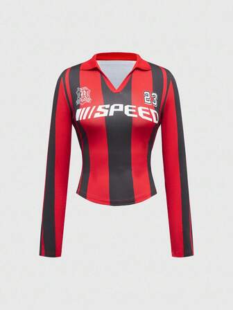 Street Life Blusa ajustada con cuello de carreras a rayas negras y rojas de estilo vintage para mujer
