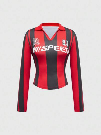 Street Life Maglietta aderente da donna con colletto da corsa a righe nere e rosse, in stile vintage