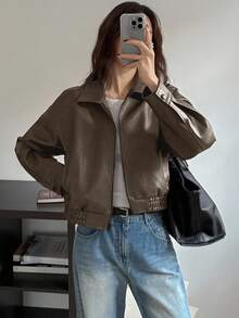 DAZY New Spring Distressed Leather Jacket Short Jacket Women, Regular Fit, Suitable For Valentine's Day Fall,Winter - Brown - View 4