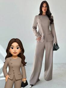 Firerie Bộ vest 2 món màu xám kaki thanh lịch, thời trang đường phố đa năng hàng ngày dành cho nữ, thu/đông, ve áo lệch không đối xứng, thắt nút eo, tay dài, quần cạp cao - Xám - Xem 2