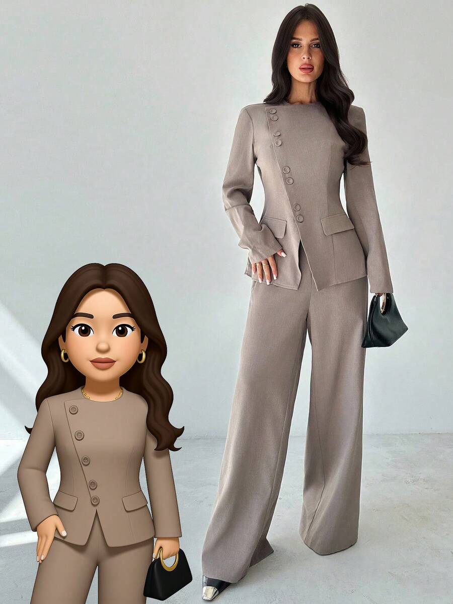 Firerie Bộ vest 2 món màu xám kaki thanh lịch, thời trang đường phố đa năng hàng ngày dành cho nữ, thu/đông, ve áo lệch không đối xứng, thắt nút eo, tay dài, quần cạp cao