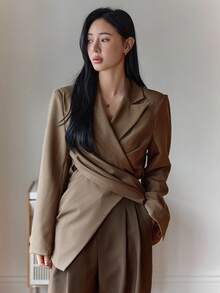 DAZY 女士裹身领系带后腰常规款西装外套 秋冬商务装 - 卡其色 - 查看 5