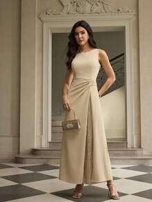 ZEYLAH 优雅迷人女士纯色时尚设计褶皱长裙 - 杏色 - 查看 5