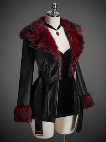 SHEIN ICON Áo khoác dạ dạ hội bằng da mềm mại màu tương phản màu đen Gothic Halloween dành cho nữ, thời trang đi làm, lông giả, chắp vá, mùa đông - màu đen - Xem 1