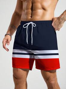 Surfspeed Men's Contrast Color Casual Beach Shorts, Holiday - Navy Blue - View 4