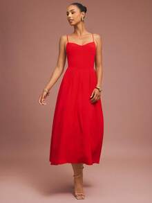 L'Amorae 女士修身喇叭中长连衣裙德比装 - 紅色 - 查看 3