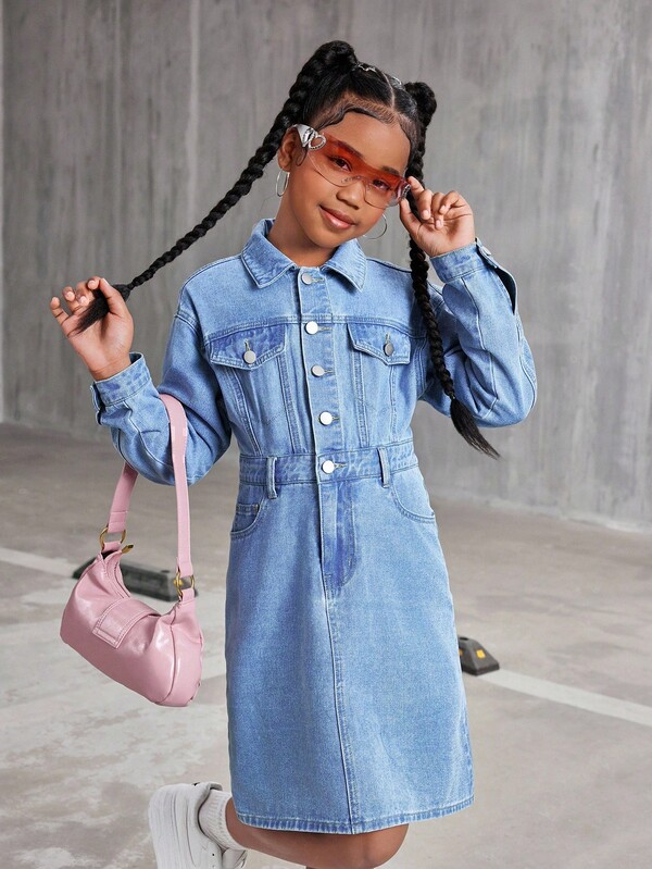 Tween Girls Y2K Style Denim Dress, Vintage Washed Light Denim, Casual Daily Wear, Utility Collared Long Sleeve Denim Dress Fall Winter
