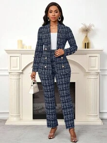SHEIN Lady 2025 New Navy Blue Tweed Printed Women's Two Pieces Set Elegant Commuter Women's Two Pieces Set - Navy Blue - View 5