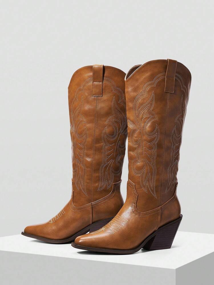 Botas de montar con punta puntiaguda, suela gruesa y bordados para mujer en color camello, botas de tacón medio hasta la pantorrilla de moda para otoño/invierno