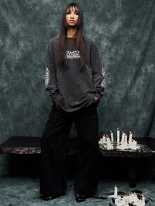 TypaGal Women's Dark Grey Gothic Oversize Sweatshirt With Prints,Grunge Punk Y2k Style For Autumn Concert,Cozy Alt Winter Halloween,Work Outfits - Black - View 5