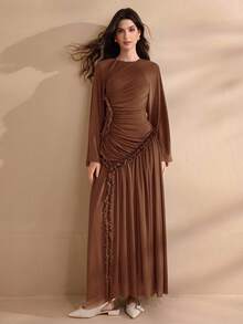 Graceveil Women's Extra Long Spring/Summer Mesh Knit Ruffle Hem Split Modest Elegant Charming Fashion Dress - Coffee Brown - View 1