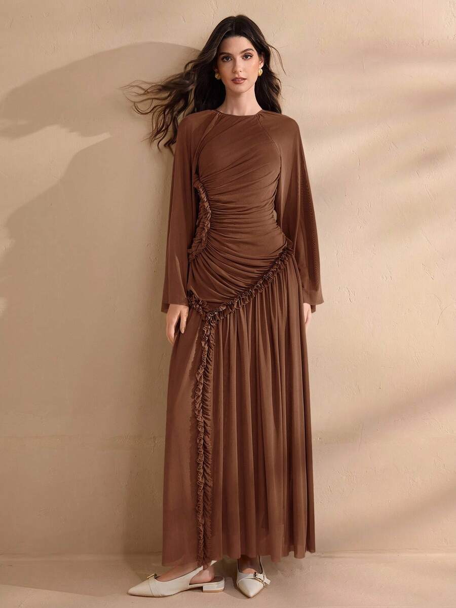 Graceveil Women's Extra Long Spring/Summer Mesh Knit Ruffle Hem Split Modest Elegant Charming Fashion Dress - Coffee Brown - View 1