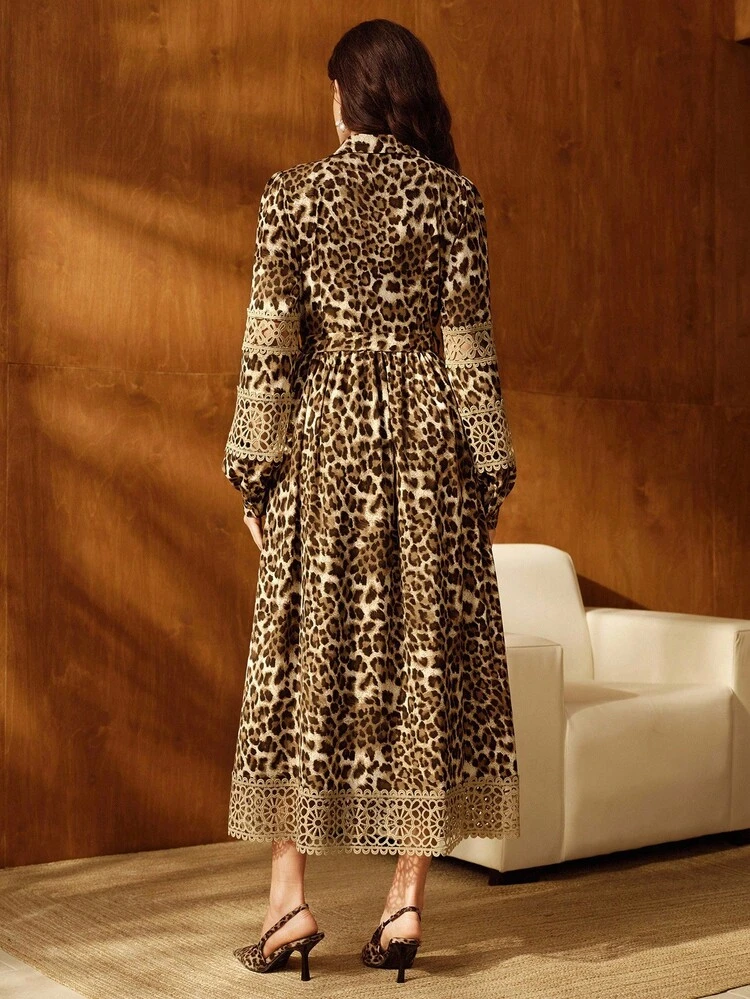 Elegant Lace Hollow Out Leopard Print Cinched Waist Waist Dress With Collar, Vintage Chic Style, Suitable For Autumn, Winter, Going Out, Formal Occasions, New Year, Christmas, Party