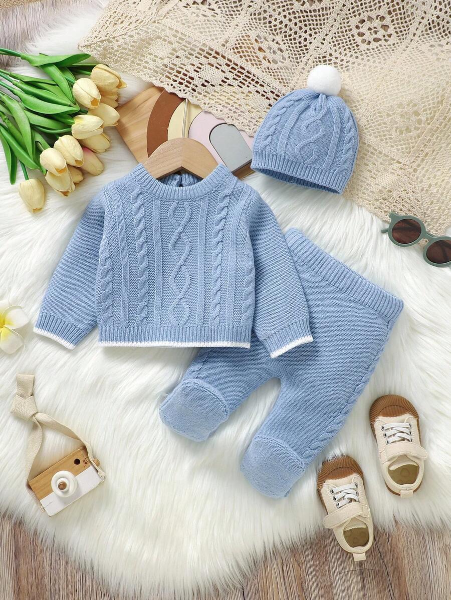 3pcs/Set Infant Cable Knit Sweater, Matching Pants And Hat, Blue Baby Boy Winter Clothes Baby Winter Outfit Toddler Knit Set Baby Blue Knitted Outfit Knit Baby Outfit Baby Boys Winter Clothes Baby Boys Fall Clothes Baby Boys Fall Outfits