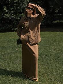 DAZY Western Cowgirl Distressed Washed Loose Long Sleeve Collared Shacket, Straight Skirt Casual Street Style Set For Women, Autumn/Winter - Coffee Brown - View 6