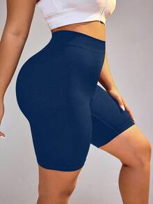 SHEIN Rhythm Era 大码高腰纯色修身运动短裤 - 藏蓝色 - 查看 3