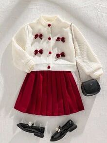 Elladie kids 女童可爱休闲日常针织开衫外套，搭配装饰配饰，搭配红色半身裙，秋冬季开学季两件套。华夫格纹理，宽松舒适设计，适合春秋季节、日常通勤、户外玩耍和社交活动。 - 彩色 - 查看 4