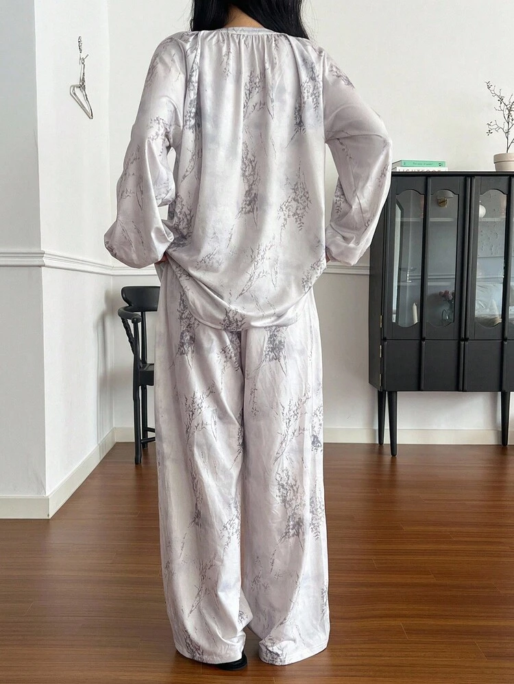 Tie-Dye Print Pleated Design Loose Women Pajama Set, Fall Clothes