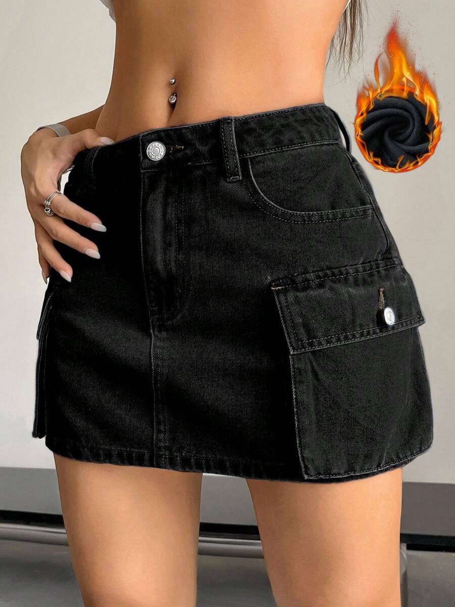 Jeanoix 女式夏季纯色工装牛仔裙 - 黑色 - 查看 1
