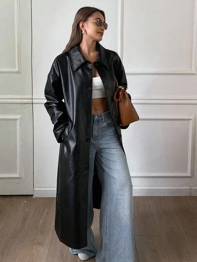 Livesso 女式秋季 PU 皮革长款翻领风衣