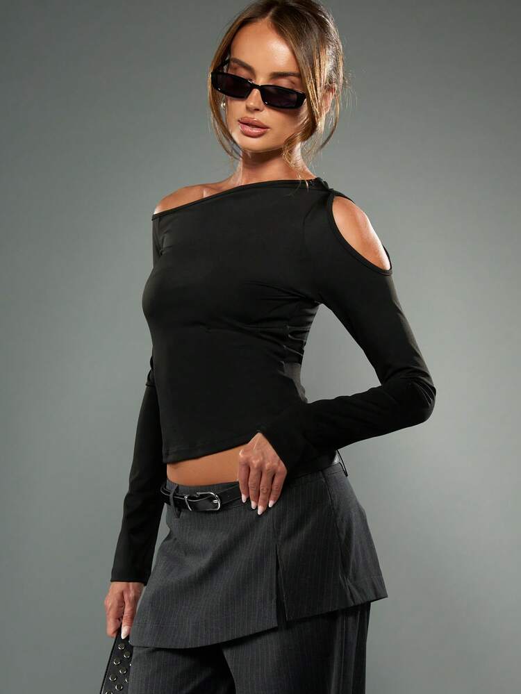 MISSGUIDED Off Shoulder Long Sleeve Crop Top With Cutout