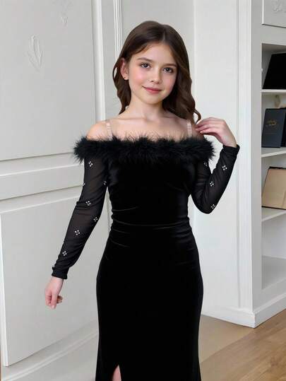 SHEIN Tween Girls' Fitted Elegant Off Shoulder Fluffy Trim High Slit Hem Long Dress Graduation Dress