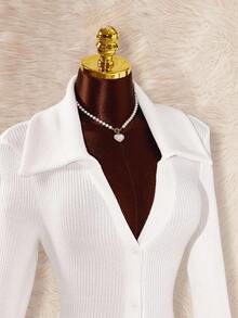 Amplova 女式纯色长袖单排扣休闲翻领连体裤白色连体衣女式白色连体衣女式紧身衣 - 白色 - 查看 5