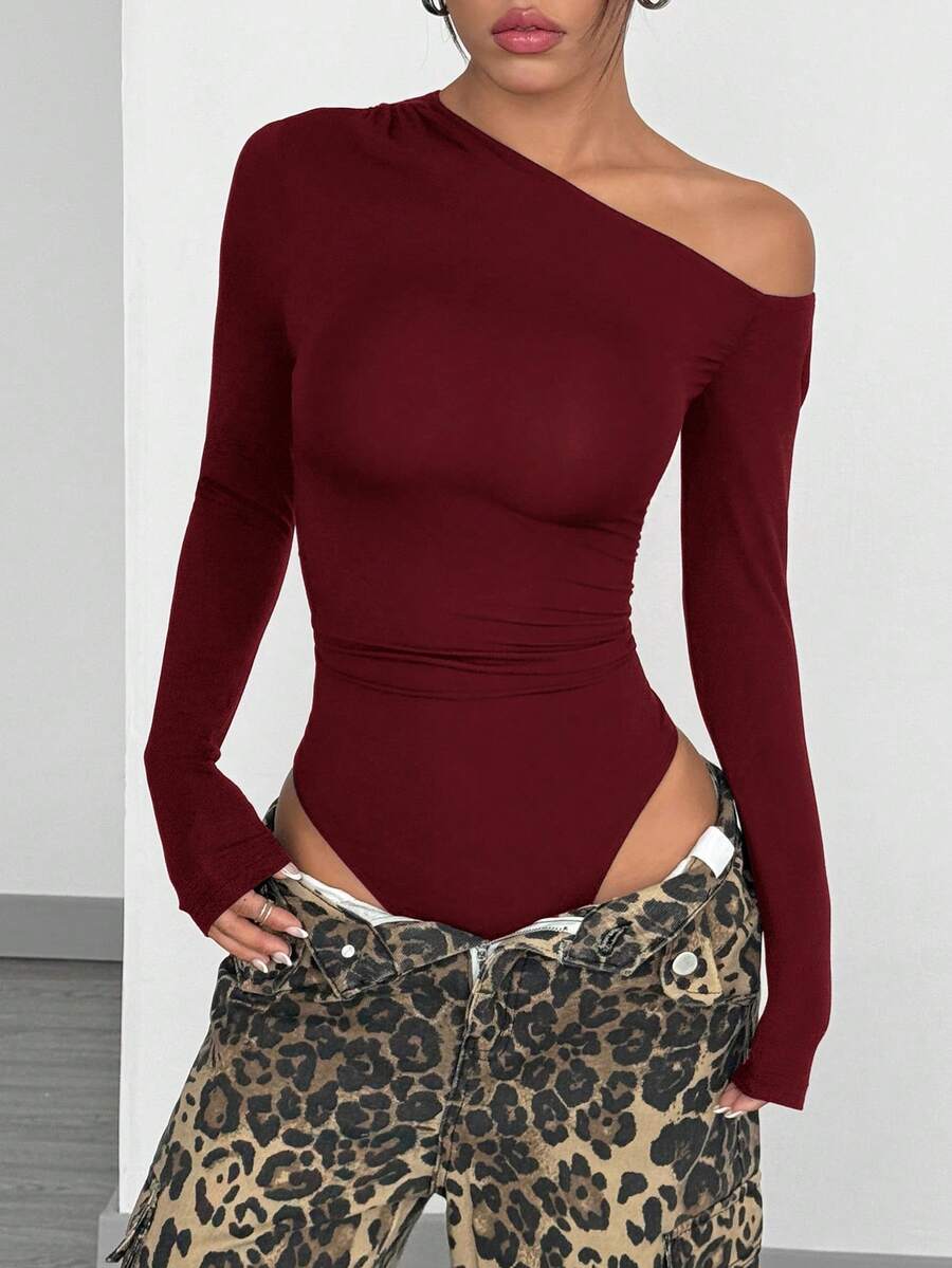 SHEIN EZwear 女士单肩勃艮第酒红色连体衣 - 酒紅色 - 查看 1
