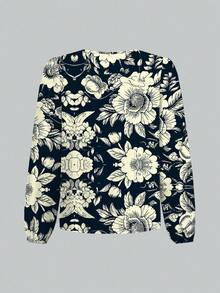 Koszula damska Glamance STROM NIGHT w kolorze niebieskim z długim rękawem i dekoltem w serek, z nadrukiem w kwiaty i rośliny w stylu boho, jednolity kolor, odpowiednia na zewnątrz, do biura, na co dzień, w podróż, na lotnisko, na ulicę, na jesień - Wielokolorowe - Zobacz 2