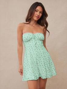 WESTFADE Spring Floral Printed Pointelle Knit & Boho Ruffle Lace Sweetheart Neck Cute Bow Tie Front Smocked Back Strapless A-Line Mini Dress Summer Western Cowgirl Music Concert Outfit - Green - View 4