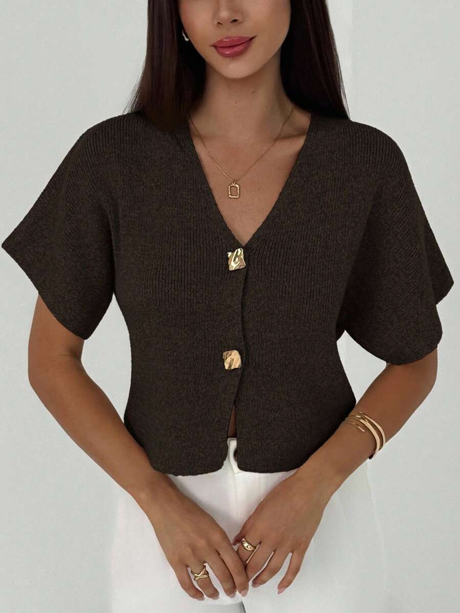 Aloruh New Minimalist Fashion Commuter Deep V-Neck Short Sleeve Slim Fit Double-Button Cardigan, Casual & Versatile In Fall/Winter,Brown Sweater - Coffee Brown - View 1