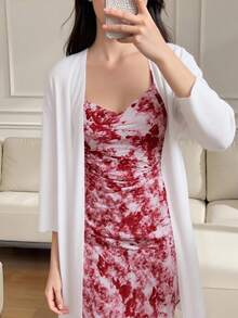 2 件装少女休闲优雅碎花吊带裙和雪纺长开衫套装，度假装