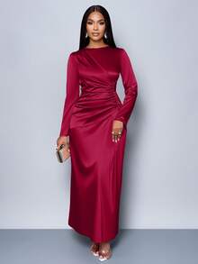 SOLERSUN Đầm ôm body bằng vải satin nhún bèo màu trơn thanh lịch dành cho nữ, thích hợp cho trang phục dự tiệc hẹn hò Maxi dành cho nữ - Đỏ - Xem 6