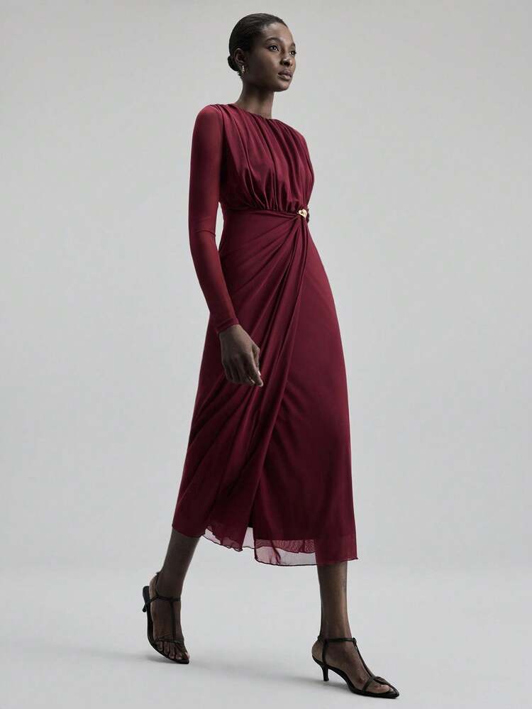 Women Long Dresses Modern Urban Casual Fashion Business Casual Women's Office Wear Low-Key Old Money Style Effortless Temperament High-End Urban Commuting High-Quality Airport Women's Wear High-End Material Christmas Women's Clothing Low-Key And Durable Basic Style, All-Match And Suitable For Everyone, Street Fashion Wear, Coffee Shop Wear, Relaxed Wear All-Season Maroon Dress Draped Dress Wine Dress Long Sleeve Dress Elegant Dress High-End, Elegant, Old-Fashioned Cruise Attire For Wedding Guest