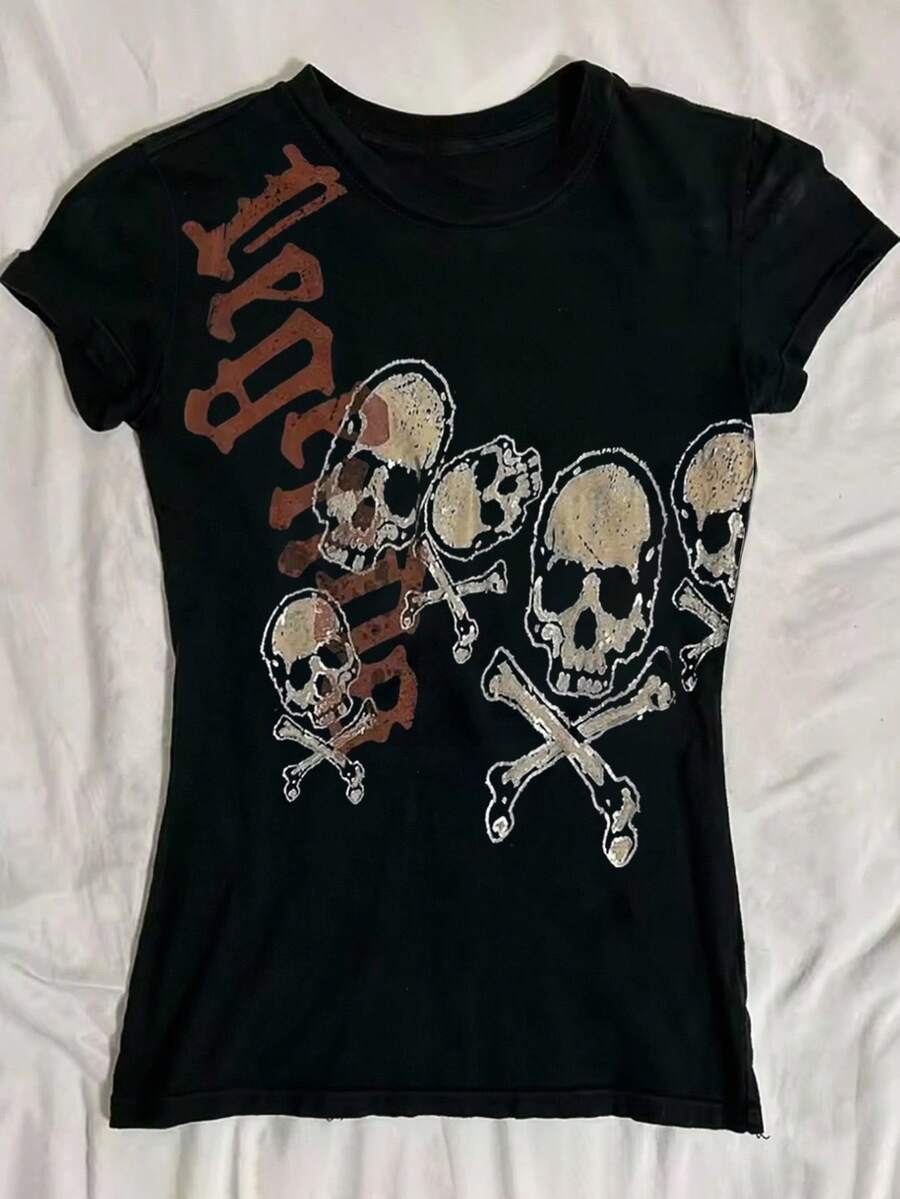 INAWLY Y2K 女款街头时尚骷髅与字母图案印花短款 T 恤 - 黑色 - 查看 1