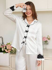 Snug Reverie Bộ đồ ngủ ren trang trí nơ lụa giả cho nữ, chi tiết ấm cúng và thanh lịch, trang phục mùa thu - Màu be - Xem 3