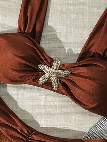 Swim Chiccia Women's Solid Color Thick Strap Metal Decor Holiday Swimwear Set - Brown - View 3