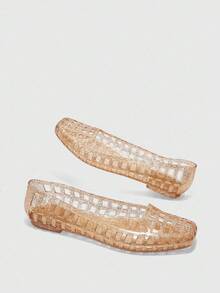 CUCCOO BIZCHIC Giày bệt mũi vuông đính pha lê cho nữ, giày bệt thời trang đi biển - Hoa hồng vàng - Xem 9