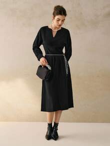 INAWLY Women's Solid Color V-Neck Batwing Sleeve Elegant Mid-Length Dress - Black - View 5