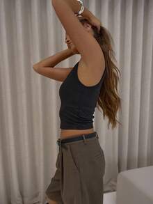 MUSERA 修身圆领褶皱肩带上衣，可爱优雅性感街头风，适合秋季、夜晚外出、春夏穿着。 - 黑色 - 查看 4