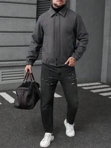 Manfinity Homme 男士休闲百搭通勤夹克，秋冬 - 灰色 - 查看 5