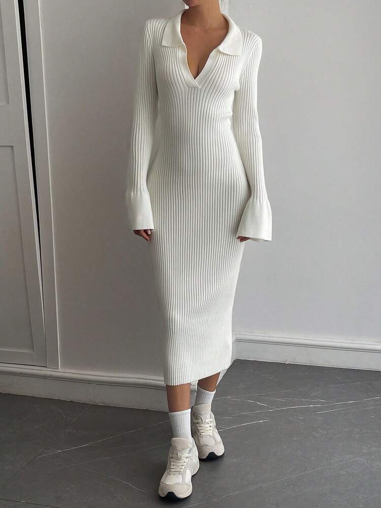 Women's Tight Wrap Long Sleeve V-Neck White Sweater Dress
