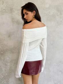 SHEIN Unity 女式纯色罗纹休闲意式长袖毛衣上衣，秋冬 - 杏色 - 查看 3